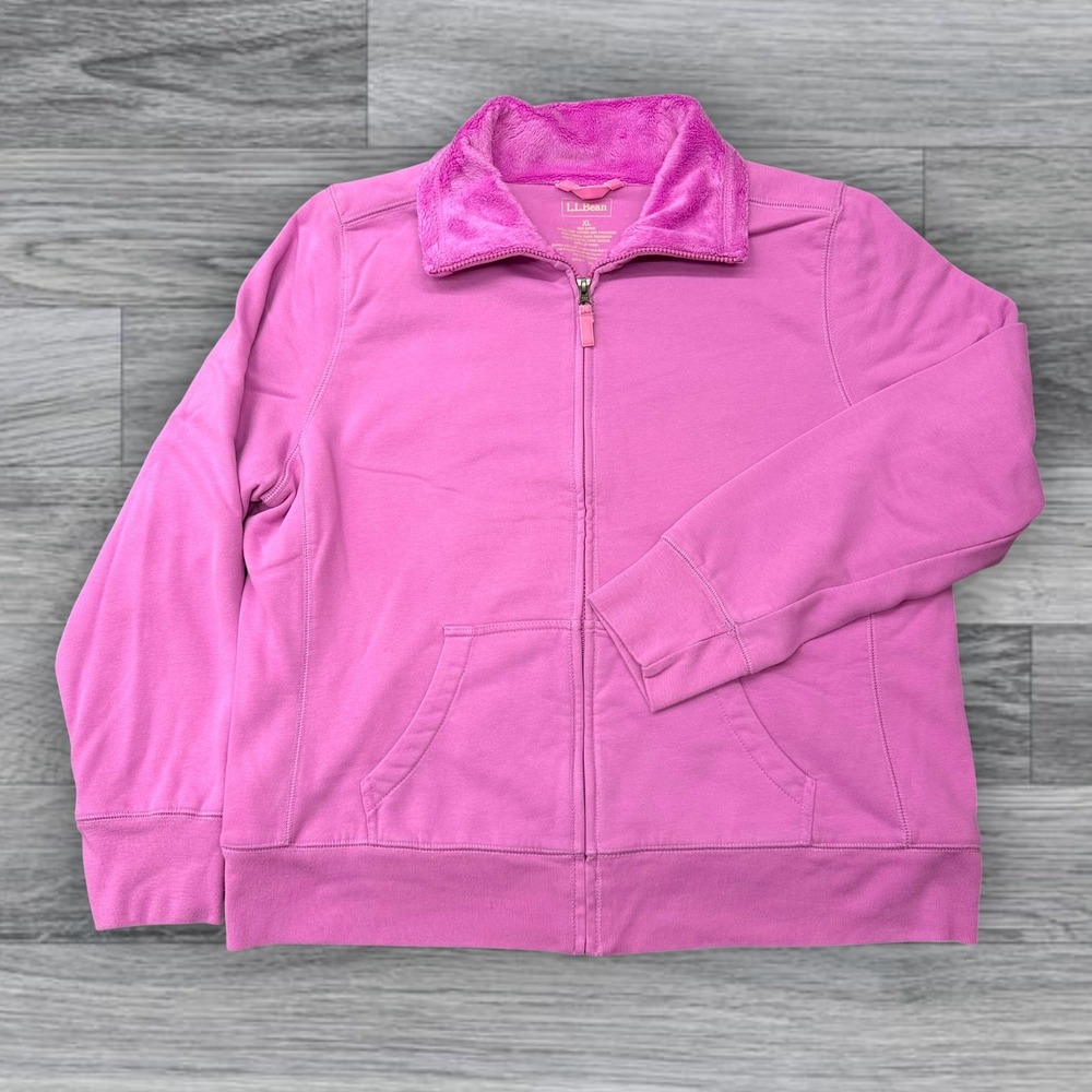 LL Bean Pink Full Zip Sweatshirt Faux Fur Collar Fleece Lined Jacket Womens XL